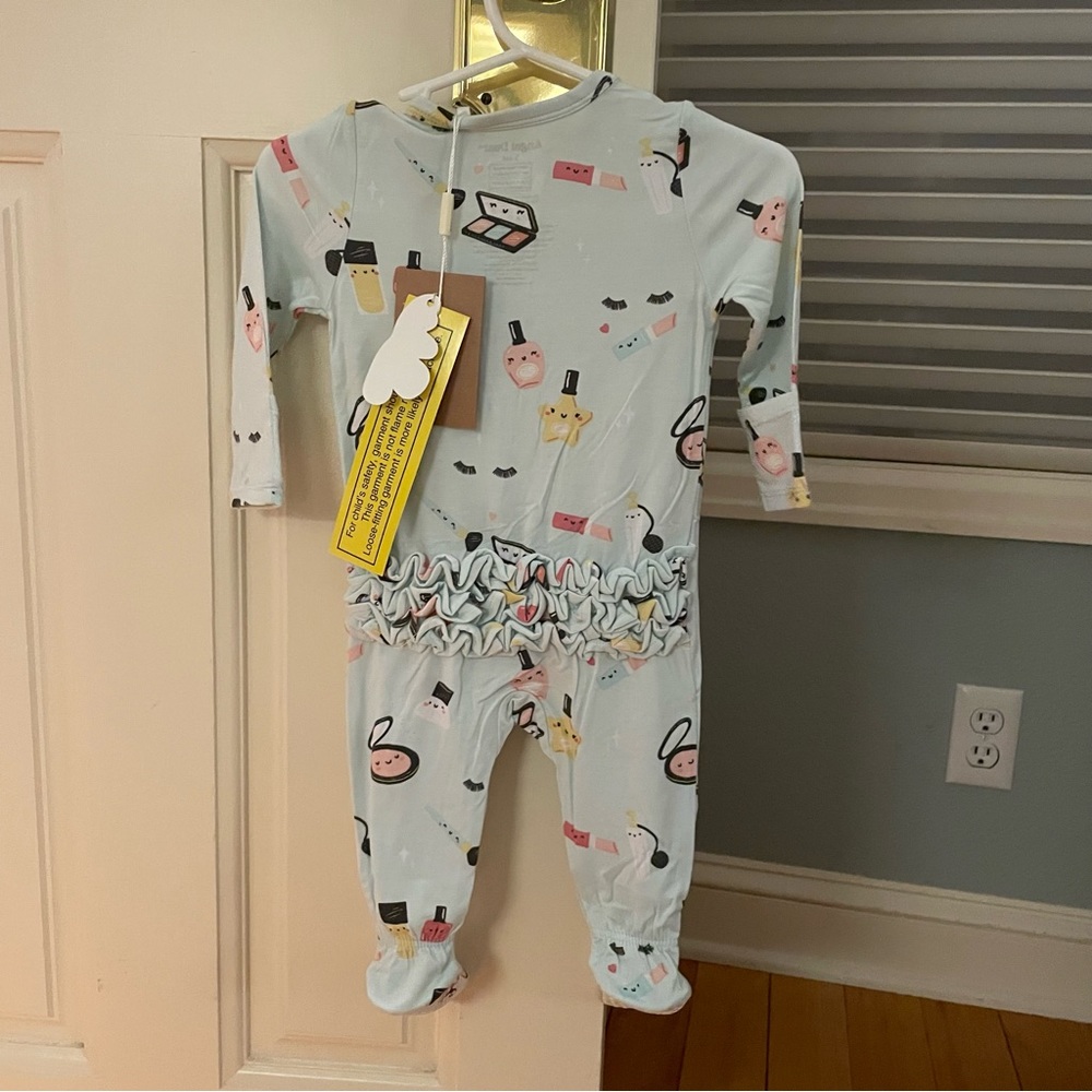 NWT Angel Dear Bamboo Ruffle Light Blue Make-Up Print Footie Pajama - Picture 7 of 10